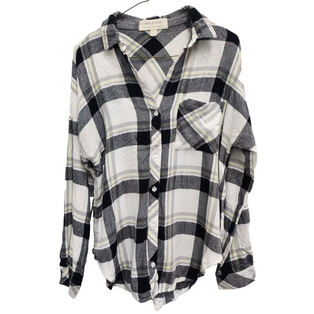 Cloth &‎ Stone Womens Flannel Shirt Small Gray White Plaid Long Sleeve Casual